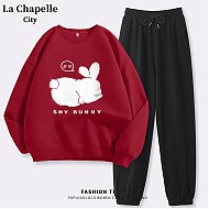 La Chapelle City 拉夏贝尔红色卫衣卫裤套装 车厘子红害羞小兔+黑纯色 M