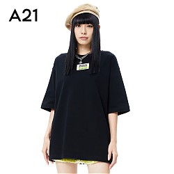A21 女装针织宽松圆领落肩中袖T恤中长衫 粉紫 M 黑色 M