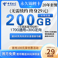 移动端：中国电信 电信永久锦鲤卡29元永久包200G流量+送30话费