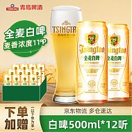 青岛啤酒 全麦白啤11度整箱500mL*12罐（赠苏打水380ml*12瓶）