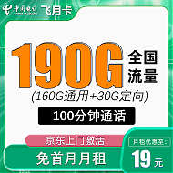 中国电信 飞月卡 半年19元月租（190G全国流量＋100分钟通话+首月免月租）