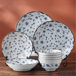 美浓烧 日本陶瓷餐具碗碟套装家用简约盘子碗组合中日式碗具 唐草8头套装 8头