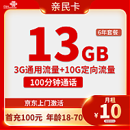 中国联通 亲民卡 6年10元月租（13G全国流量+100分钟通话） 返10元红包